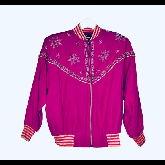 Embroidered Pink Bomber Jacket Glamorous Studded Metallic - Picture 10 of 10
